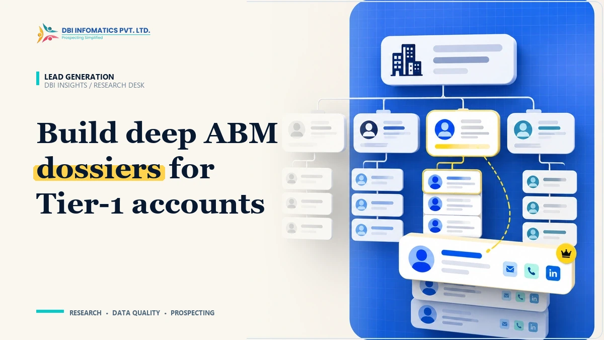 Account-Based Marketing (ABM) Dossiers: The Deep Account Research Playbook | DBI Infomatics Insights ABM Tier-1 account dossier research illustration showing buying committee hierarchy and deep account profiling, branded by DBI Infomatics.