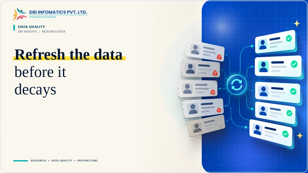 Why B2B Data Decays — and Where a Data Refresh Should Start | DBI Infomatics Insights B2B data refresh illustration showing outdated contact records moving into corrected and verified records, with DBI Infomatics branding.