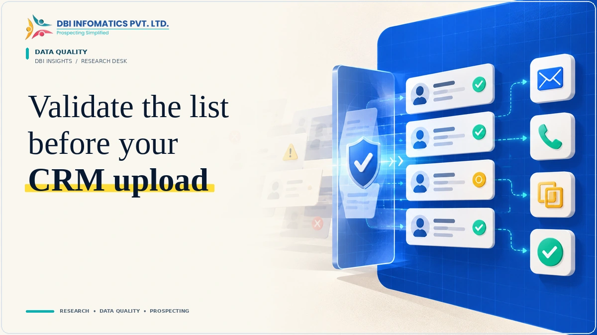 B2B Data Validation Checklist: What to Review Before a CRM Upload | DBI Infomatics Insights B2B data validation illustration showing records passing through a verification step before CRM upload.