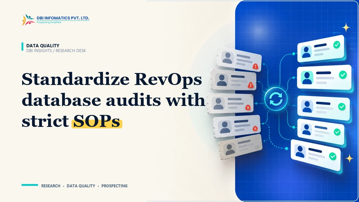 The B2B Database Audit Standard: A Standard Operating Procedure (SOP) for RevOps | DBI Infomatics Insights B2B database audit SOP and RevOps data decay remediation illustration showing structured health scorecards, branded by DBI Infomatics.
