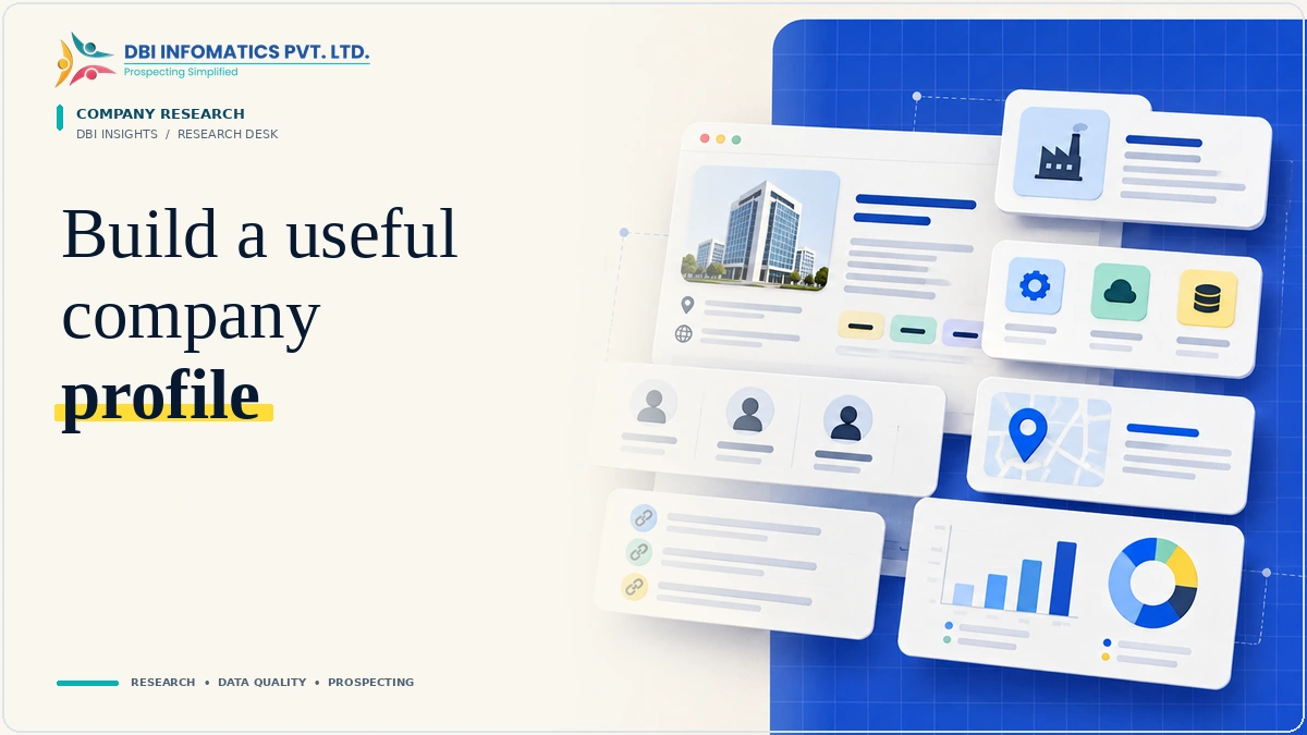 Company Research for Sales Intelligence: What a Useful Account Profile Should Contain | DBI Infomatics Insights Company research illustration showing structured business profiles, decision makers and intelligence fields.