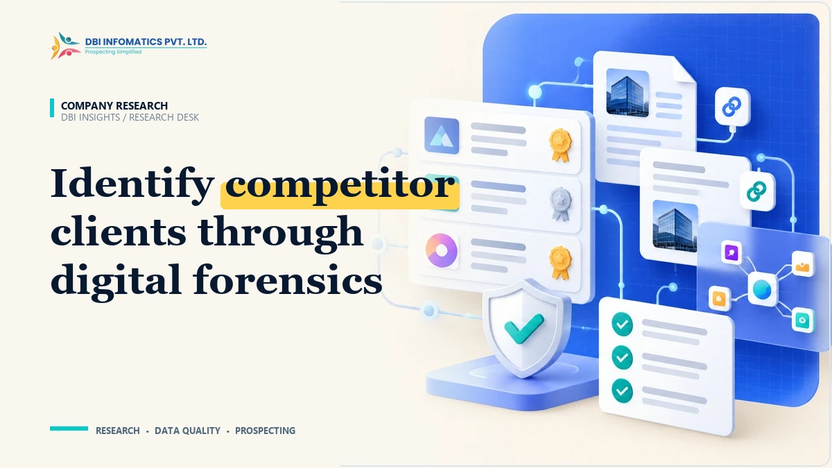 Competitor Customer Base Research: Ethical Techniques to Identify Competitor Clients | DBI Infomatics Insights Competitor customer research and competitive displacement illustration showing digital forensic evidence mapping, branded by DBI Infomatics.