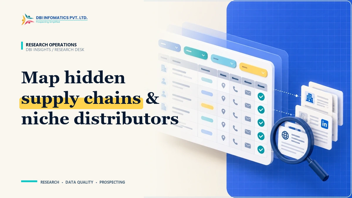 Researching Niche B2B Directories & Supply Chains: Beyond Standard Database Providers | DBI Infomatics Insights Niche B2B directory and supply chain research illustration showing catalog parsing and distributor relationship mapping, branded by DBI Infomatics.