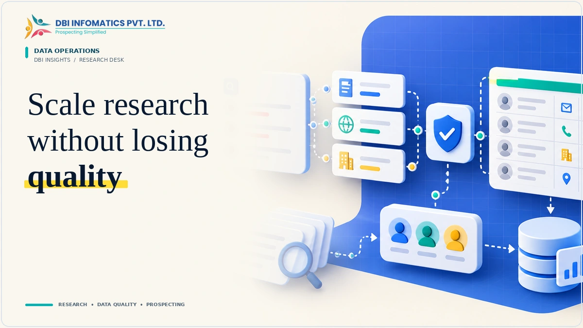 Outsourcing B2B Data Research: What to Keep In-House and What to Delegate | DBI Infomatics Insights B2B research operations illustration showing quality review, verification and structured data delivery.