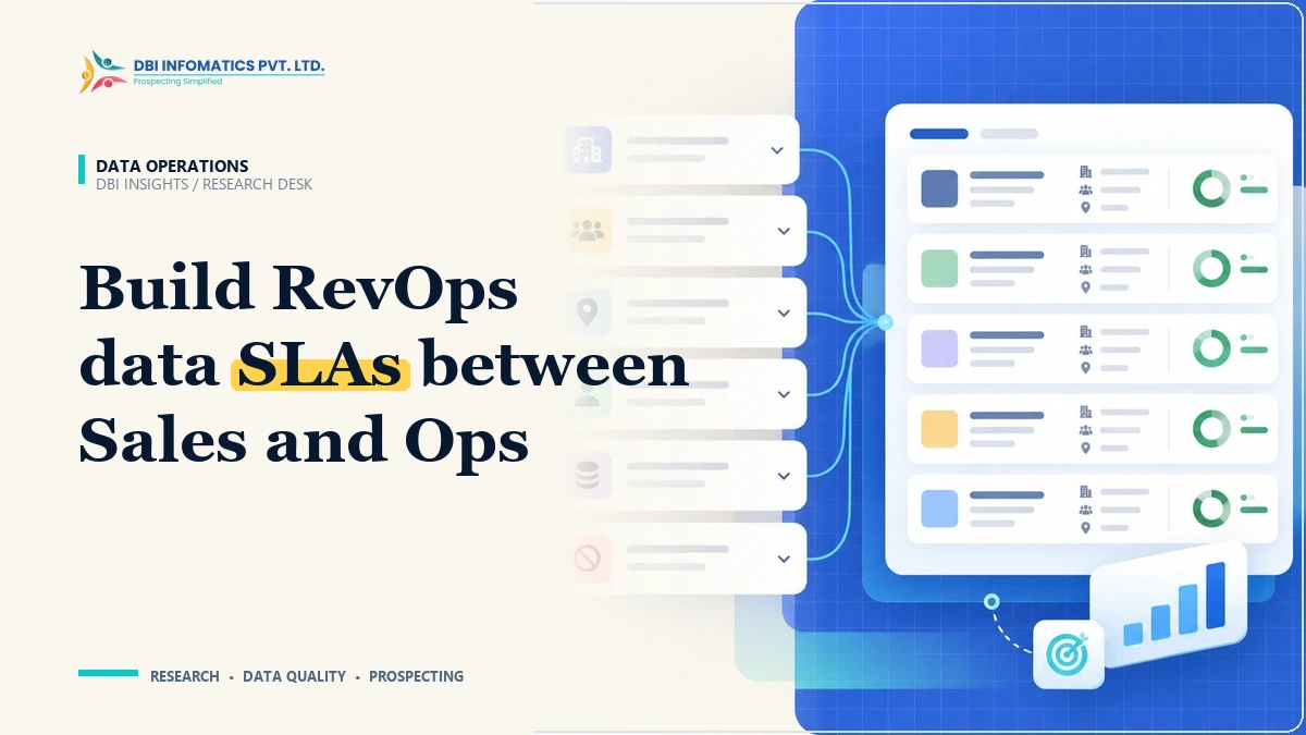 Building a RevOps Data Governance Framework: SLAs for Lead Quality and CRM Health | DBI Infomatics Insights RevOps data governance framework diagram showing service level agreements and automated CRM validation audits, branded by DBI Infomatics.