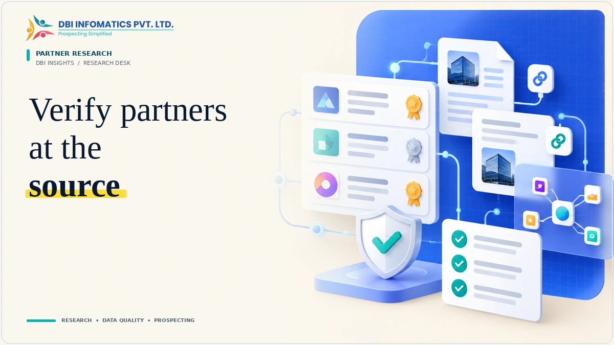 Technology Partner & Accreditation Research: A Website-First Method | DBI Infomatics Insights Technology partner verification illustration showing linked vendor evidence and source validation.